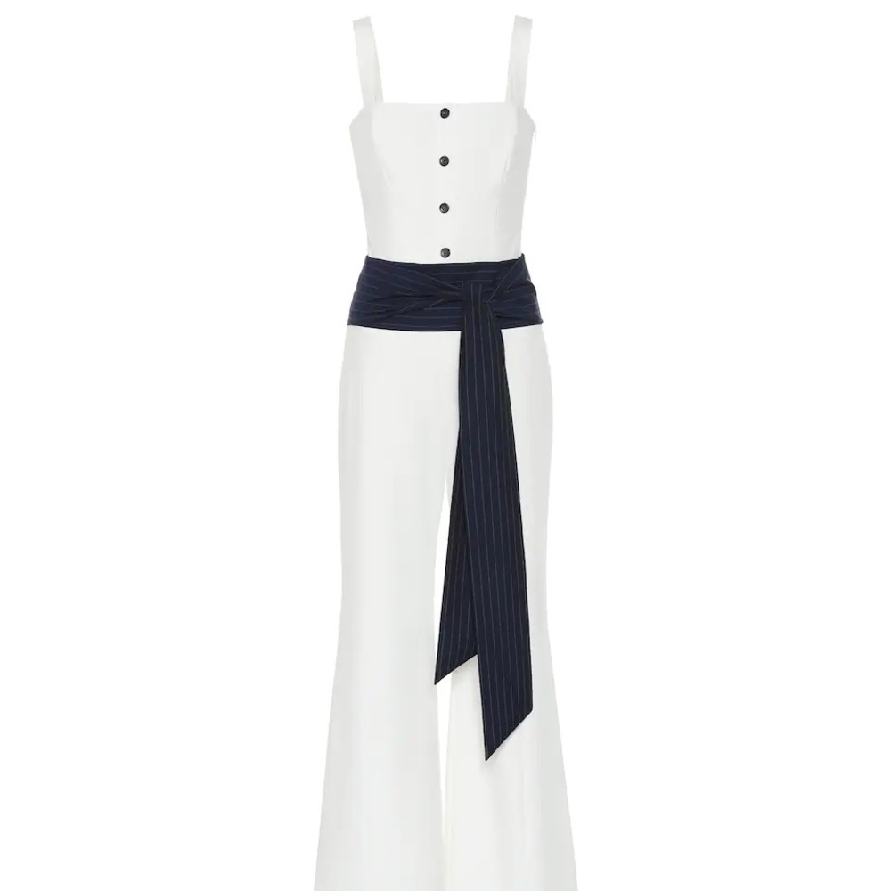 STAUD White Wide-Leg Jumpsuit with Navy Sash